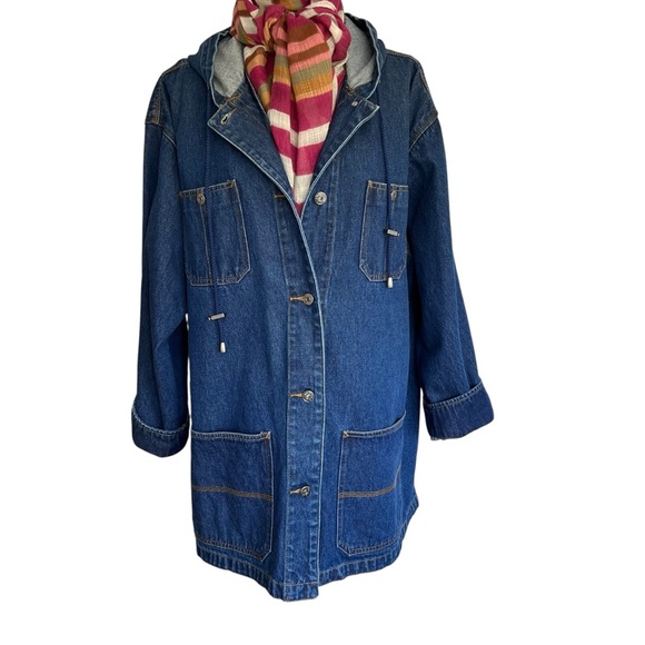 Denim Medium Wash Long Line Hooded Chore Jacket Coat Size 26/28 W - Picture 15 of 16